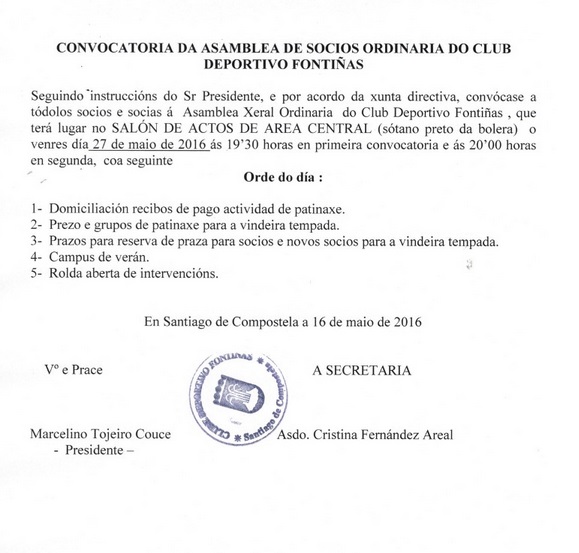 CONVOCATORIA ASAMBLEA ORDINARIA DE SOCIOS 27-05-2016